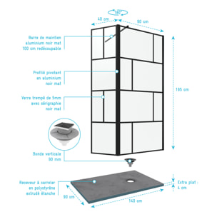 Pack Paroi de douche 90+40x195cm + Receveur a carreler 140x90cm + Bonde verticale - BLOCKS 90