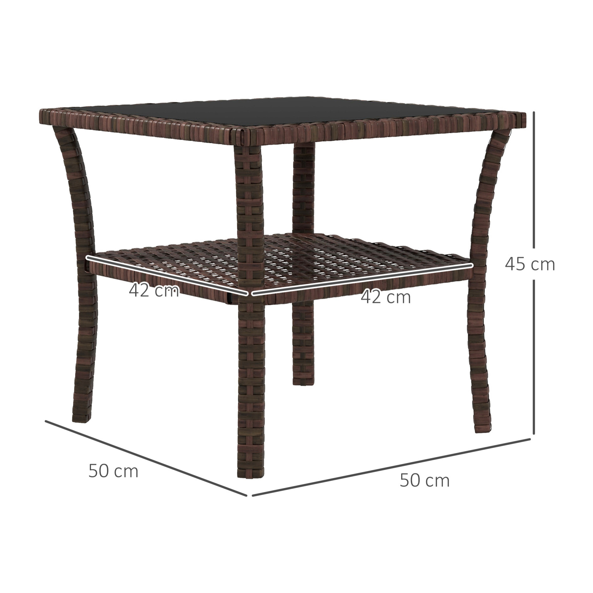 Mesa de Ratán Sintético Cuadrada 50x50x45 cm Mesa de Jardín con Estante Encimera de Vidrio y Marco de Acero Carga 30 kg para Terraza Patio Marrón