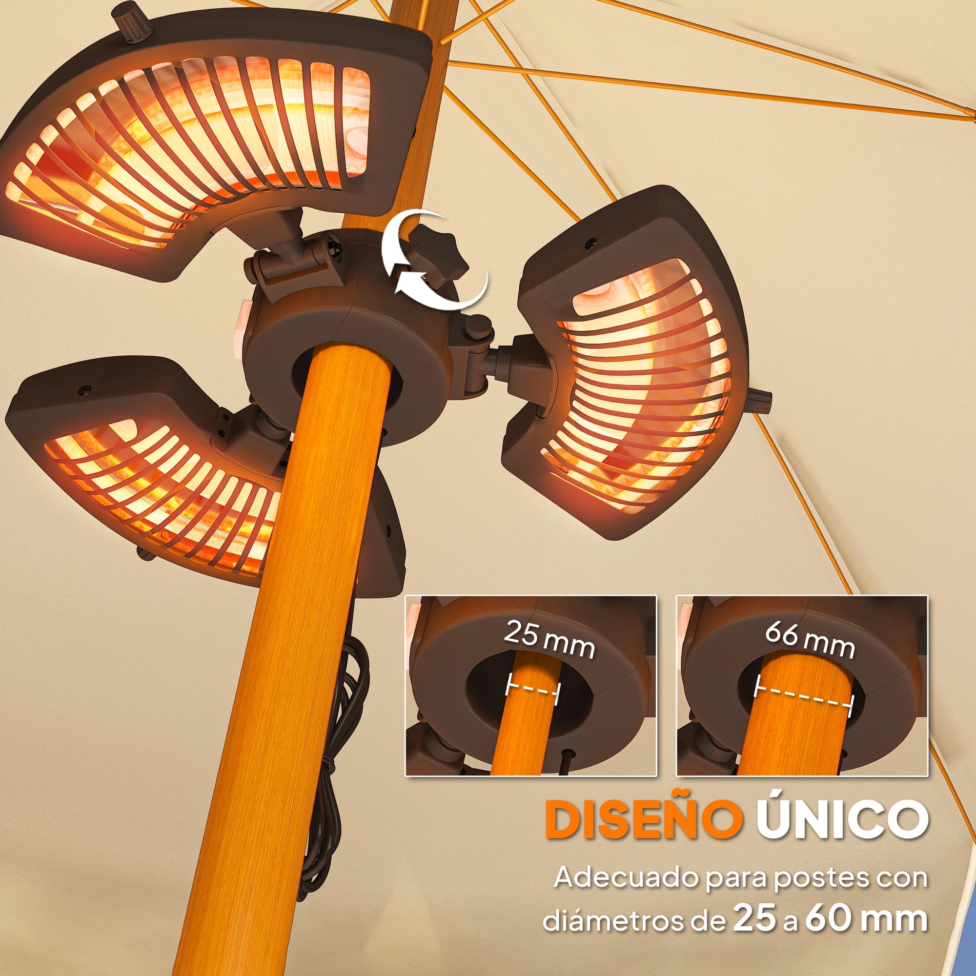 Calefactor por Infrarrojos para Parasol, 2400W, Estufa Exterior Eléctrica de Aluminio con 3 Niveles de Calentamiento, Protección Antivuelco, IP44, para Terraza, Patio y Jardín, Negro