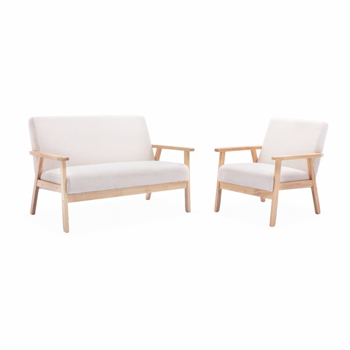 Banquette et fauteuil en bois et tissu bouclette. Isak. L 114 x l 69.5 x H 73cm