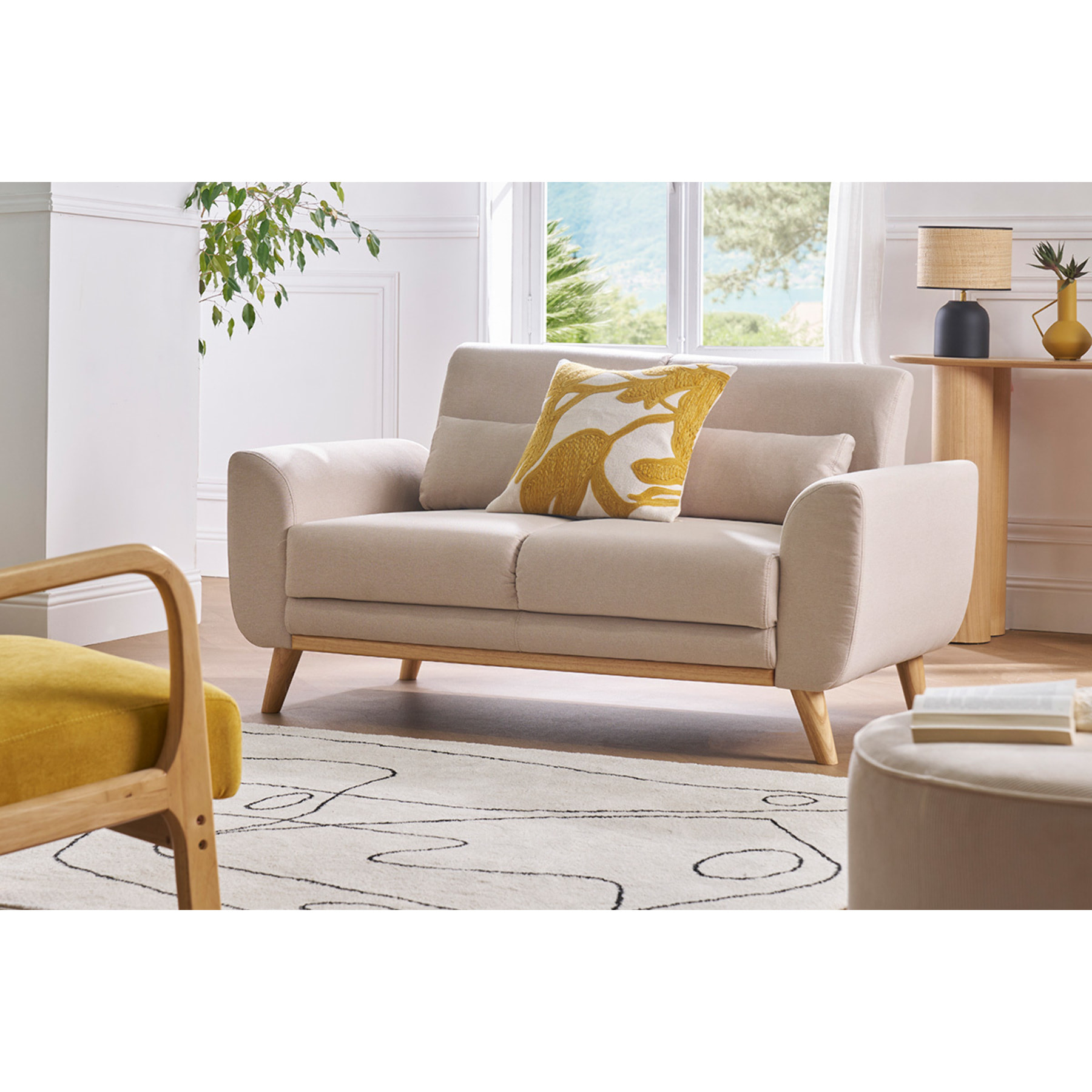 Canapé scandinave 2 places en tissu effet velours texturé terracotta et bois clair EKTOR