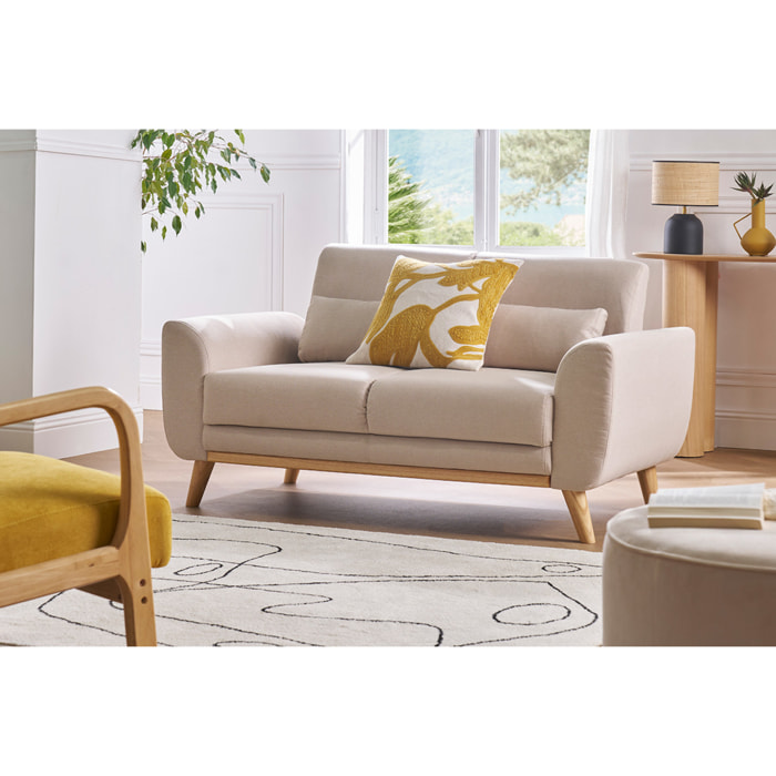 Canapé scandinave 2 places en tissu effet velours texturé terracotta et bois clair EKTOR