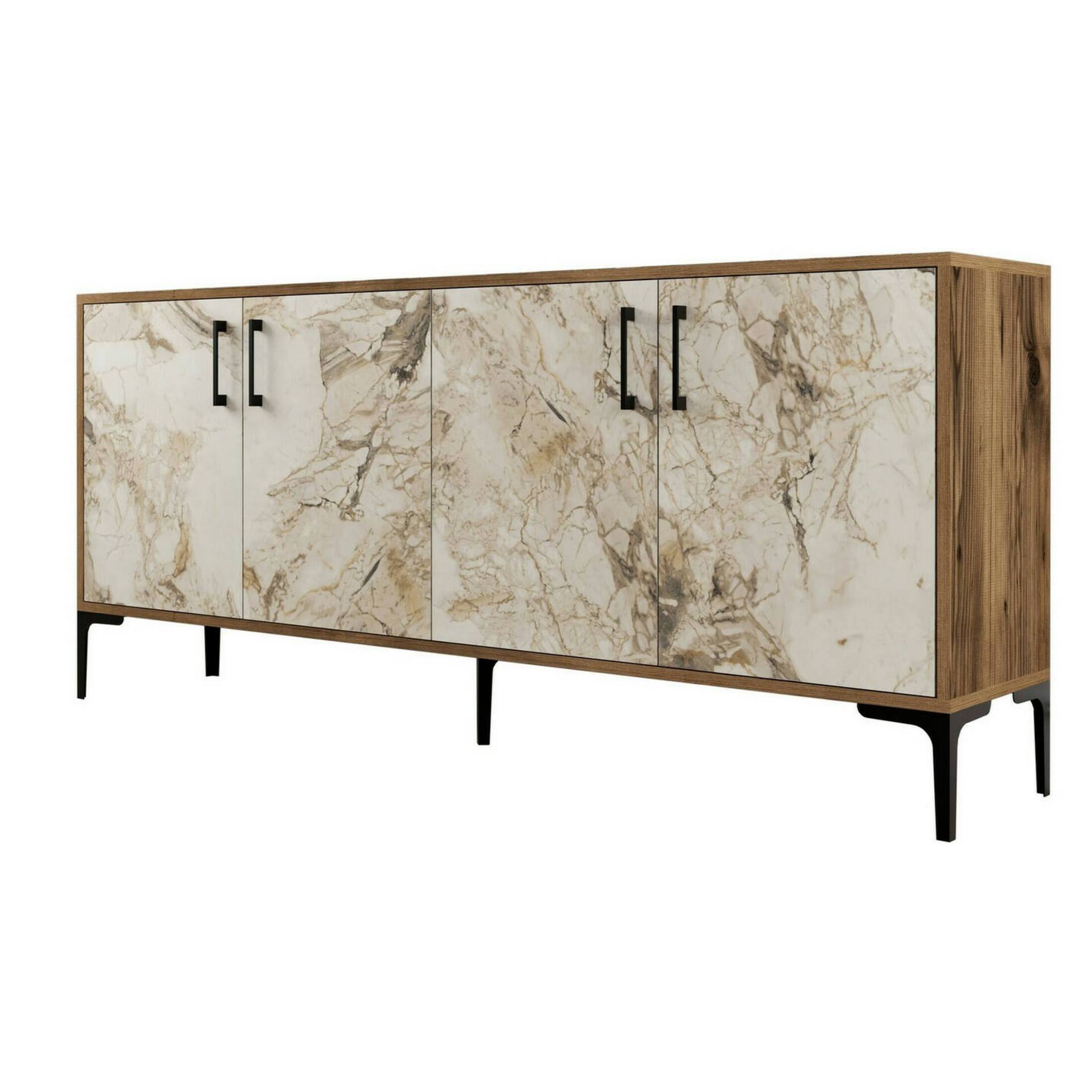 Credenza Dpedrol, Buffet da soggiorno, Madia da salotto, Dispensa da cucina, 180x35h78 cm, Noce e Bianco Marmo