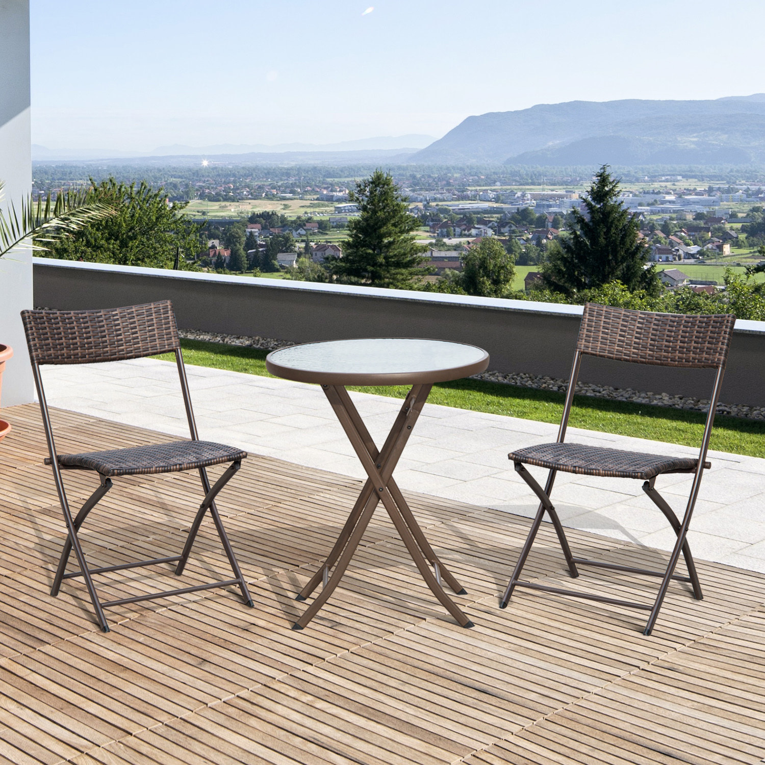 Ensemble salon de jardin 2 places table ronde pliable plateau verre trempé chaises pliantes résine tressée chocolat