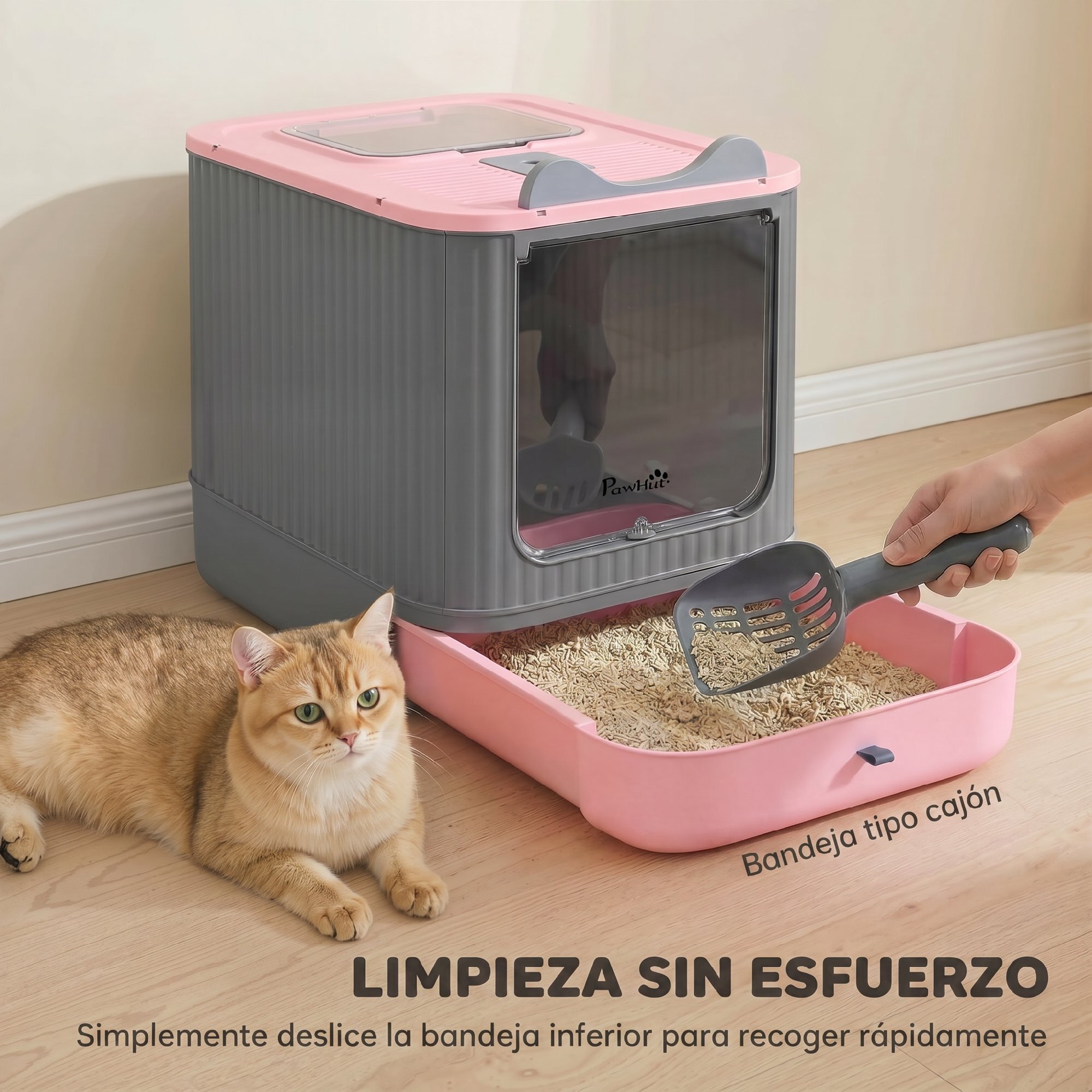 Arenero para Gatos Cubierto M, Caja de Arena para Gatos Medianos, Arenero con Tapa Abatible, Entrada Frontal, Salida Superior, Pala, Bolsas Desodorantes, Fácil de Limpiar, Antifugas, Rosa