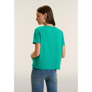 T-shirt cropped in jersey fiammato con risvolto sulle maniche