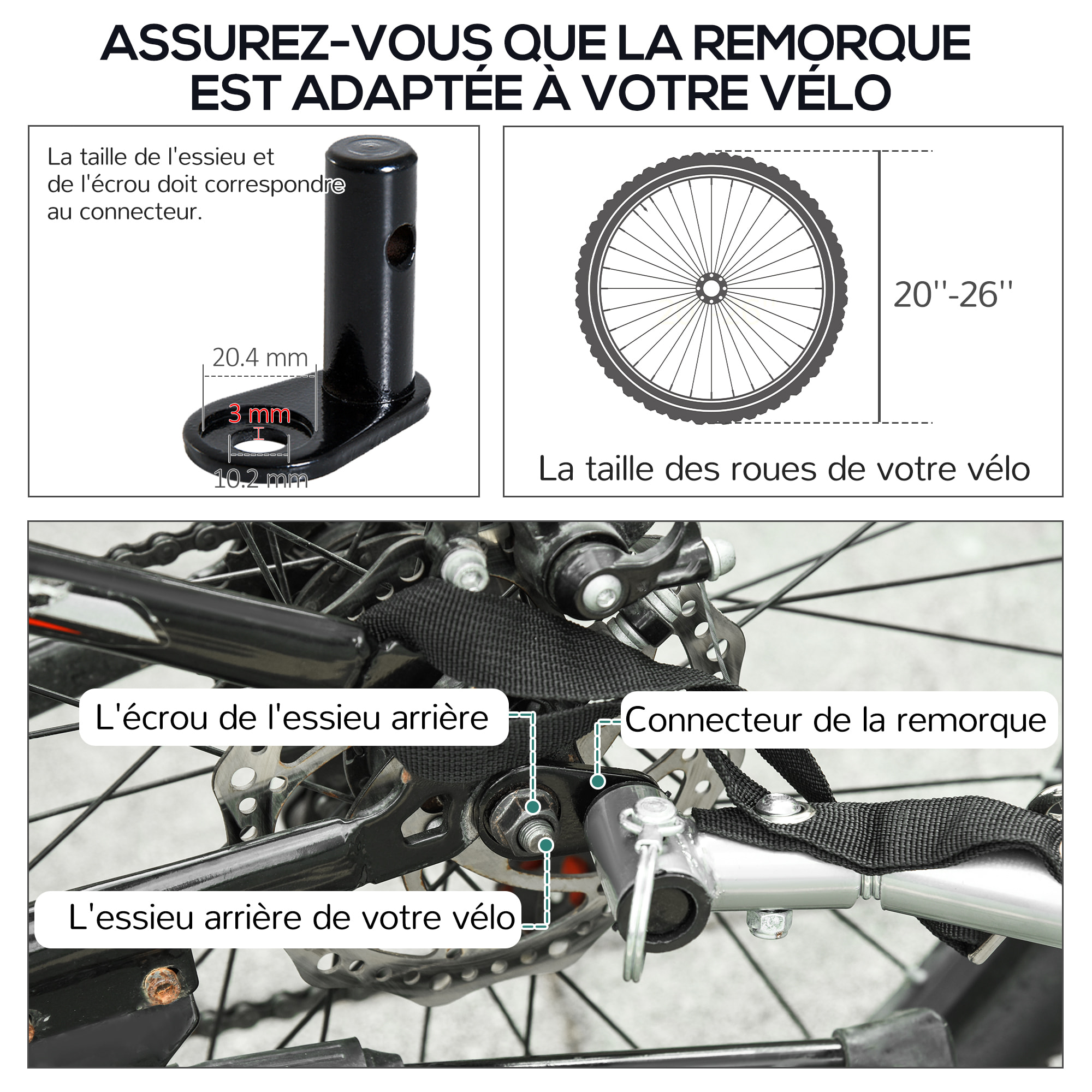 Remorque vélo cargo - housse amovible, attelage inclus - charge max. 40 Kg - acier oxford noir blanc