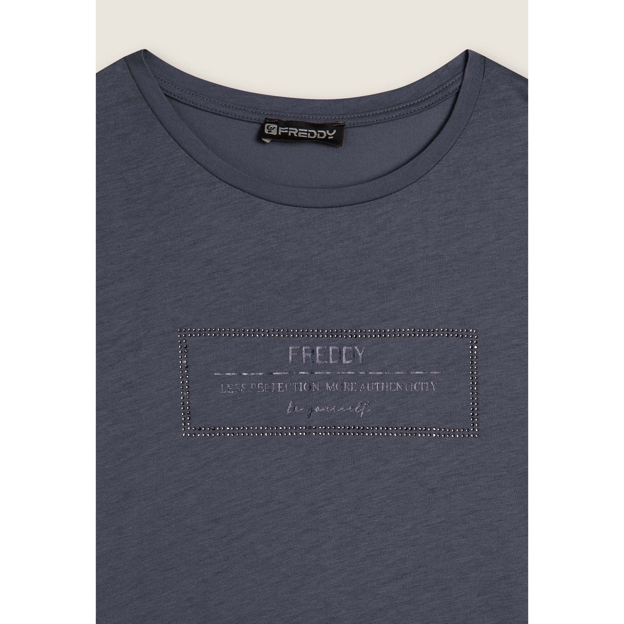 T-shirt donna lunga con spacchi e grafica brillante