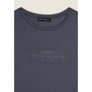 T-shirt donna lunga con spacchi e grafica brillante