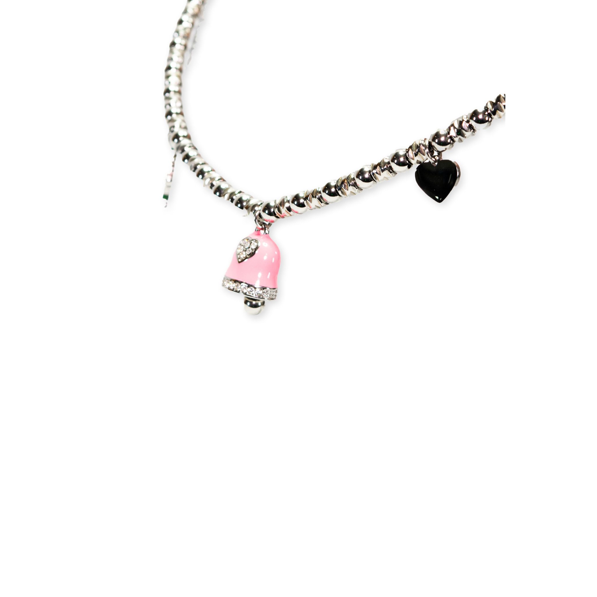Collana in acciaio silver a sfere con charms rosa e strass