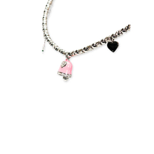 Collana in acciaio silver a sfere con charms rosa e strass