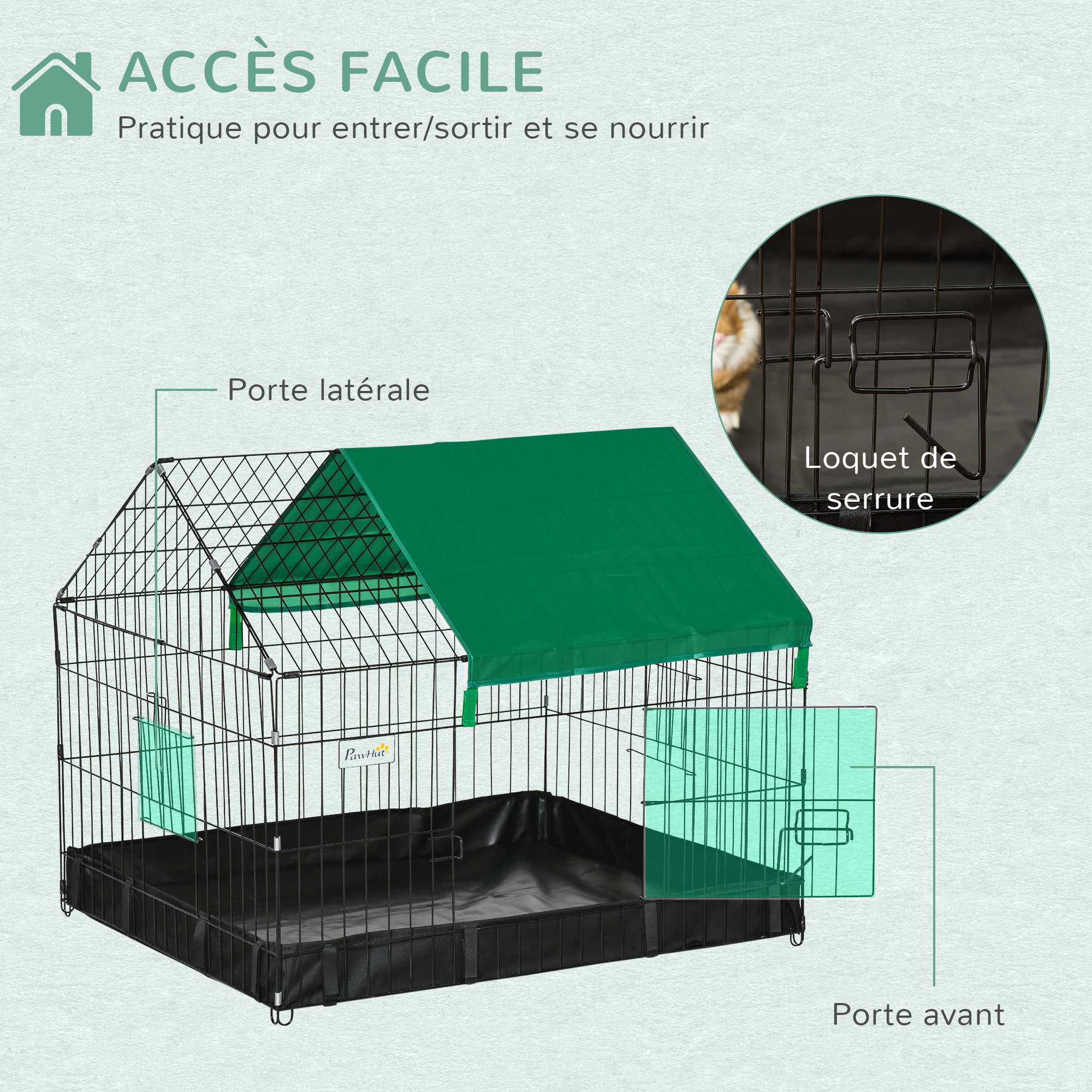 Cage parc enclos rongeurs dim. 90L x 75l x 75H cm - bâche de sol/toit imperméable, porte, trappe - acier oxford noir vert