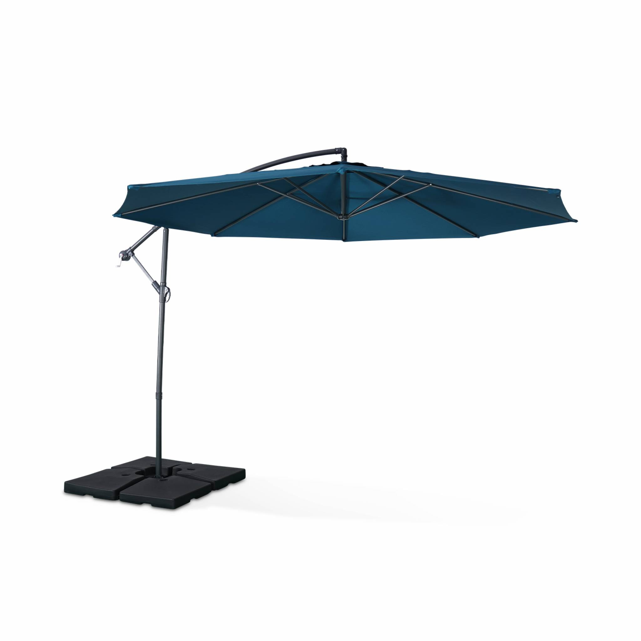 Parasol déporté Ø350cm - Hardelot - Coloris Bleu canard. structure anthracite. manivelle anti-retour.