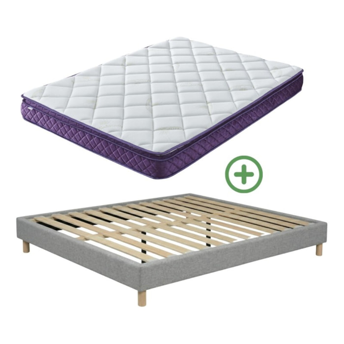 Ensemble Matelas Master & sommier déco| 100% Mémoire de forme | Surmatelas intégré | Cadre à lattes | Tissu | Gris Clair