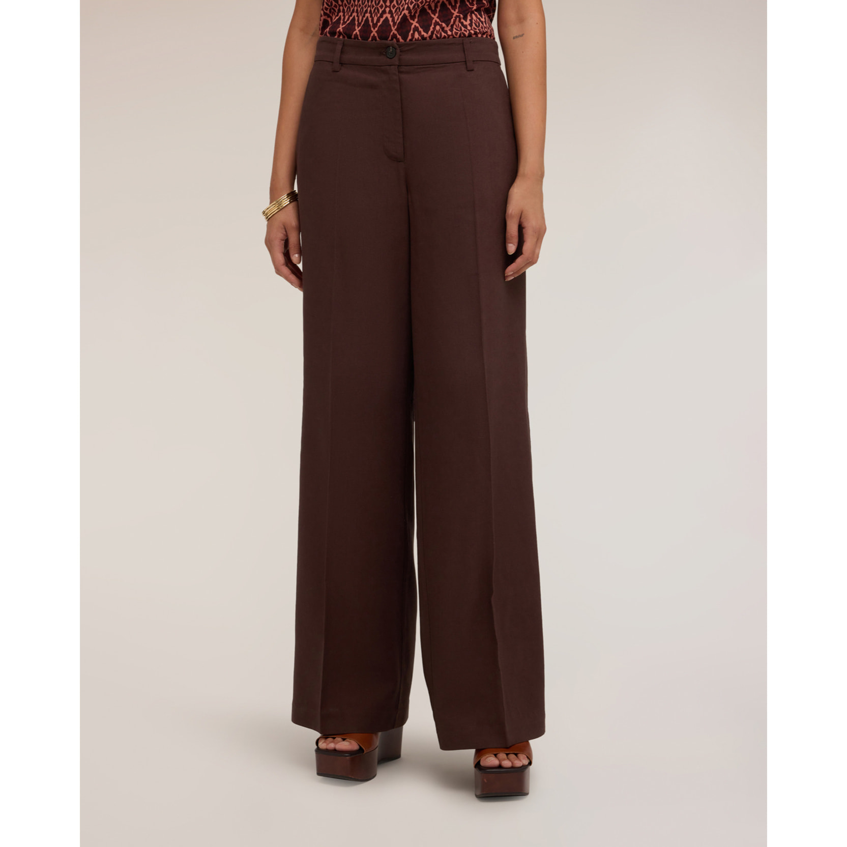 Motivi - Pantaloni palazzo con piega stirata in misto lino - Marrone