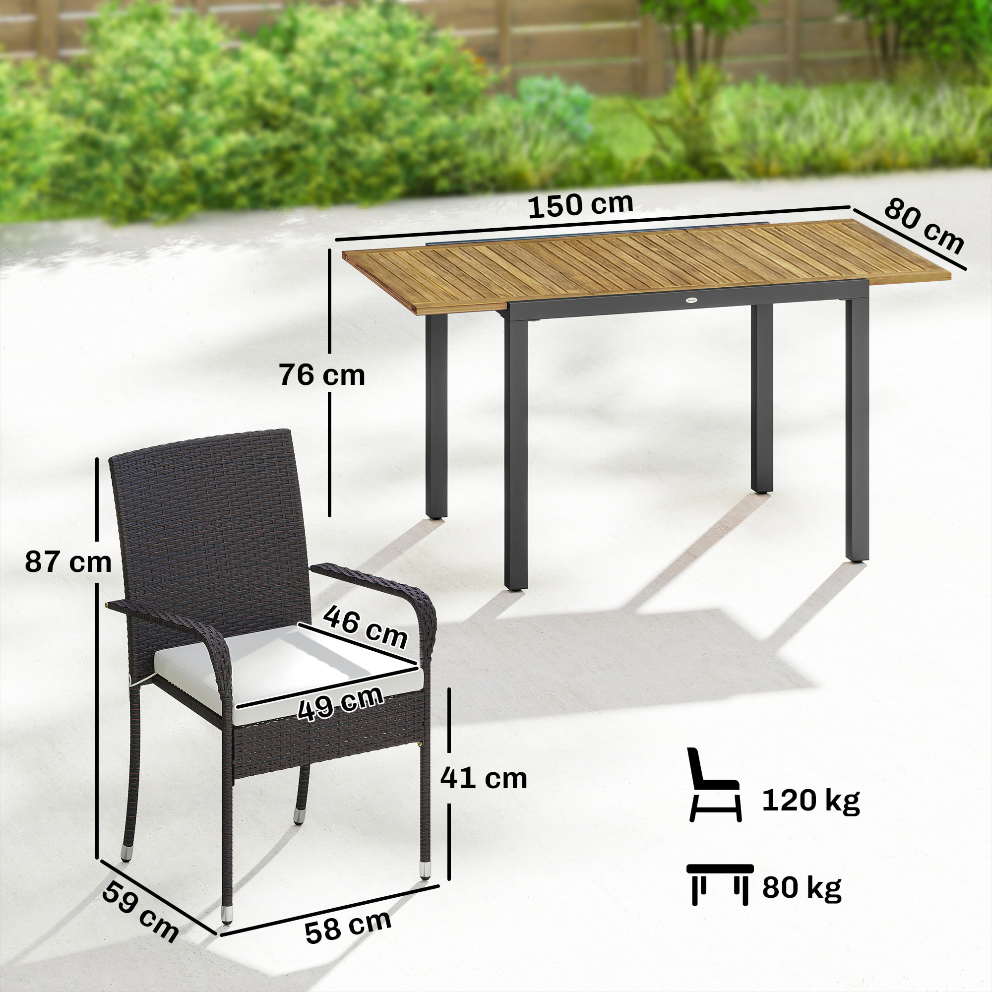 Conjunto de Mesa y Sillas Jardín de Ratán de 7 Piezas, Muebles Jardín Exterior con Mesa Extensible Tablero Madera y 6 Sillas Apilables con Cojines Extraíbles, Marco de Acero Resistente, Crema