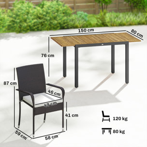 Conjunto de Mesa y Sillas Jardín de Ratán de 7 Piezas, Muebles Jardín Exterior con Mesa Extensible Tablero Madera y 6 Sillas Apilables con Cojines Extraíbles, Marco de Acero Resistente, Crema