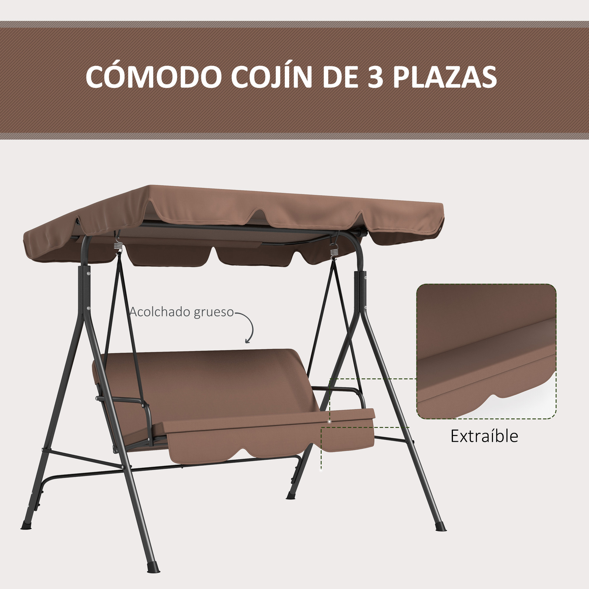 Columpio de Jardín Exterior de 3 Plazas, Balancín de Jardín Exterior con Techo Ajustable y Marco de Acero, para Balcón, Terraza, Patio, Carga 200 kg, 172x110x153 cm, Marrón