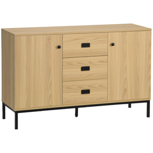 Buffet design industriel - 2 portes avec étagère, 3 tiroirs - piètement métal noir panneaux aspect bois clair