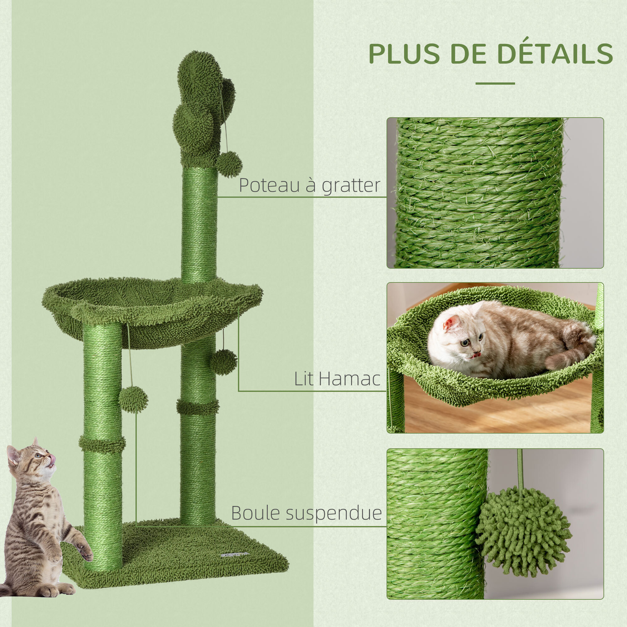 Arbre à chat griffoirs design cactus - hamac, 3 jouets pompons suspendus - panneaux peluche sisal vert