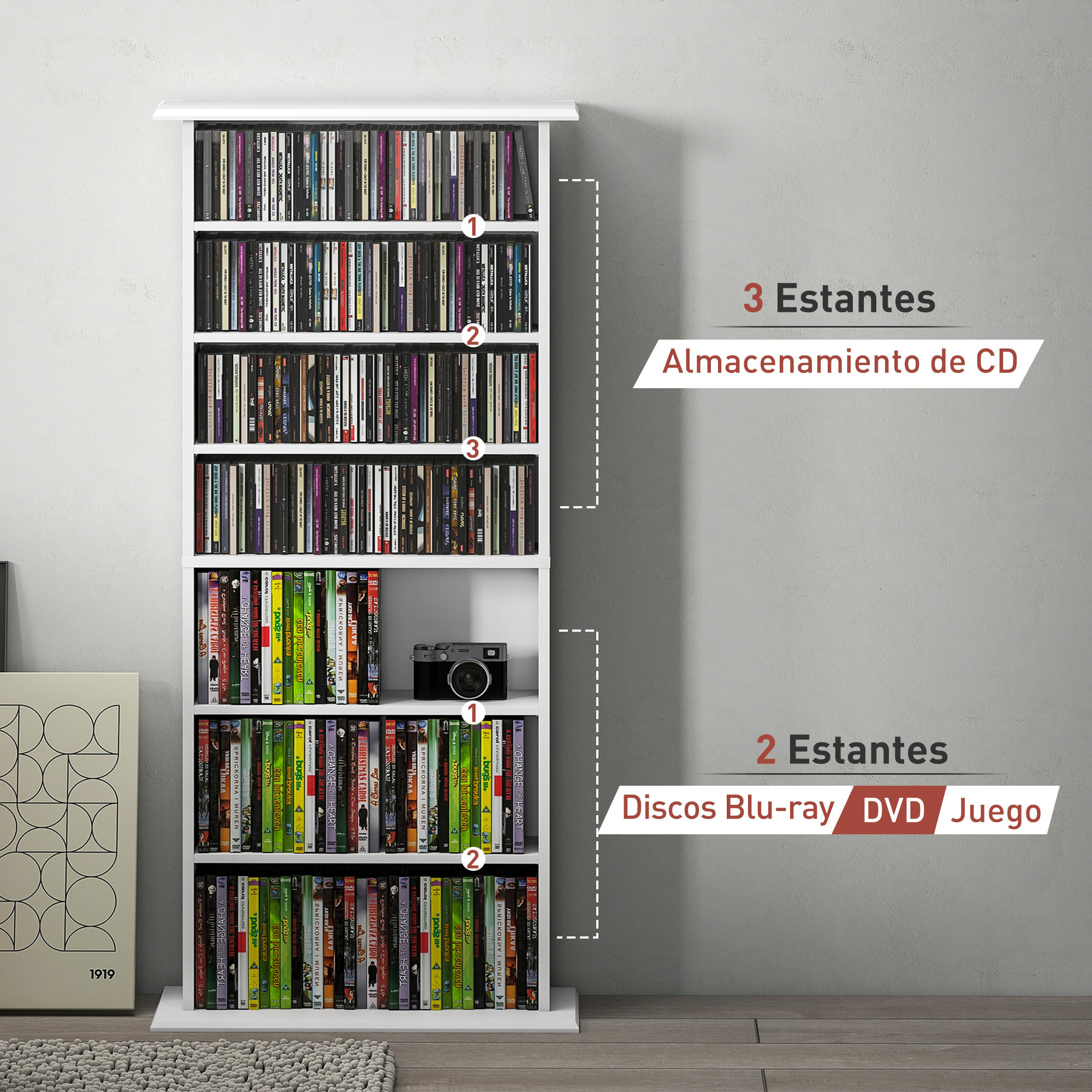 Estantería para CDs y DVDs Soportes para CD Estrechos con 8 Compartimentos Estantes Ajustables para Salón Oficina 58x24x126,3 cm Blanco