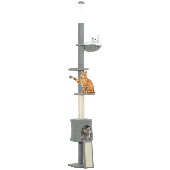 Árbol para Gatos de Suelo a Techo, Altura Ajustable de 220-240 cm, Torre para Gatos con Hamaca, Plataformas en Flor, Cuevas, Rampa y Bola, Gris Claro