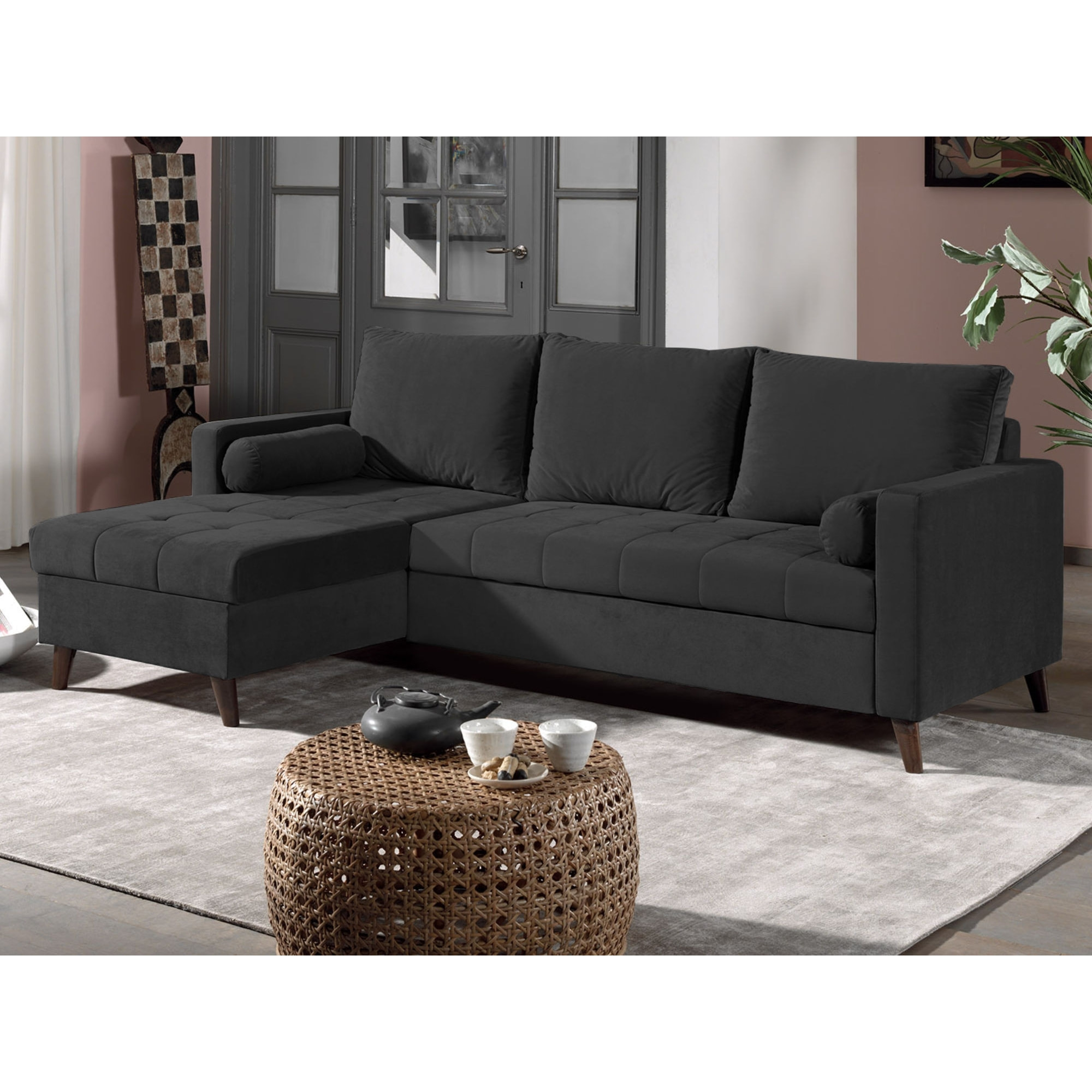 POLAR - Canapé d'angle réversible convertible - en velours au design scandinave - 4 places - Gris foncé