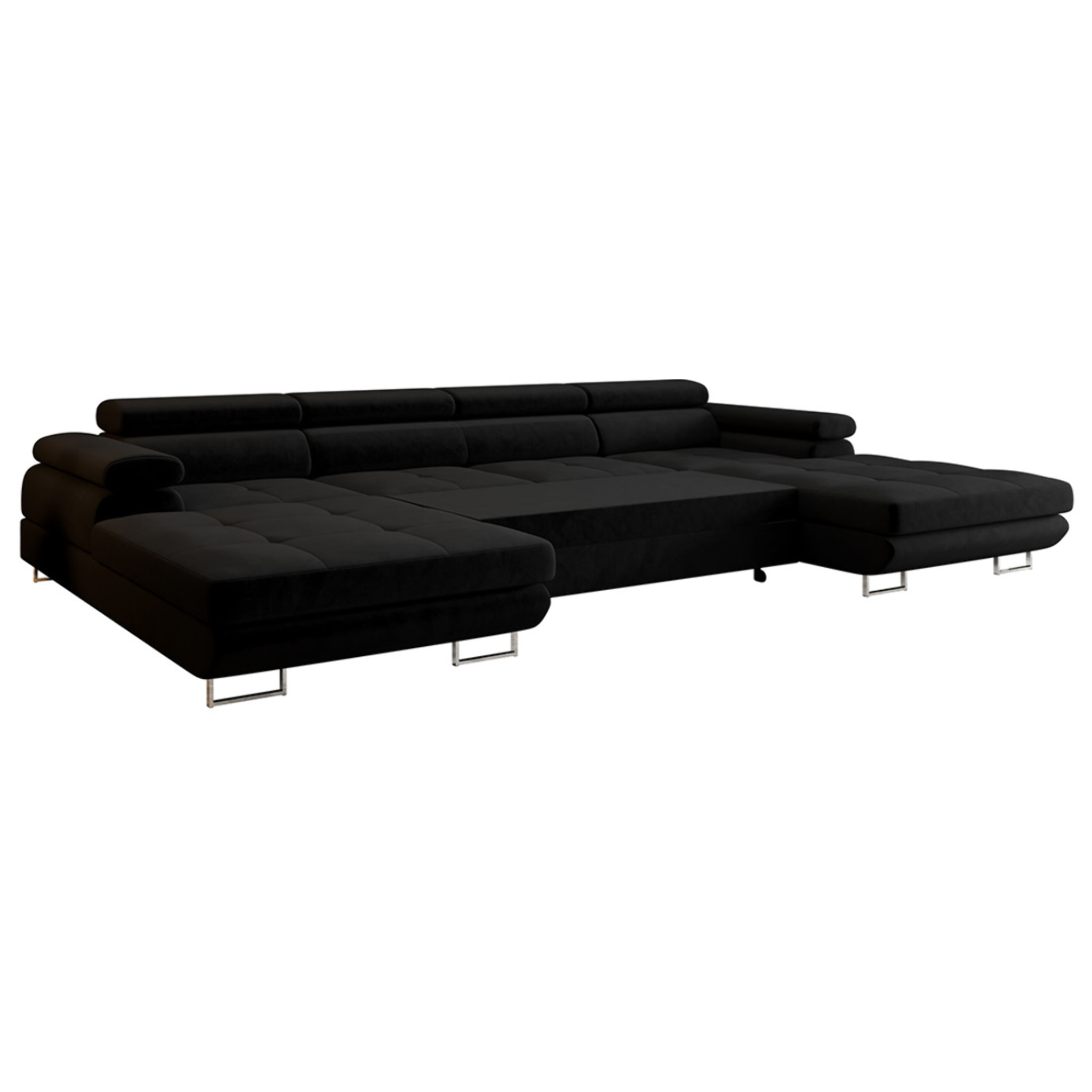 Ayden - Canapé panoramique en U 7 places convertible avec coffre et têtières réglables en tissu - Noir