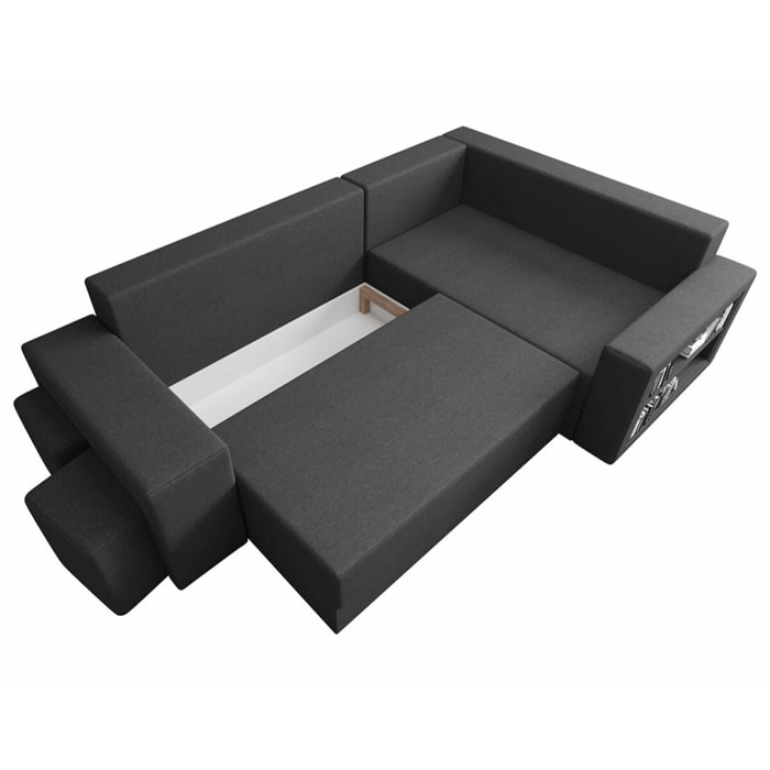 Libbie - Canapé d'angle droit 4 places convertible avec coffre, étagère et poufs en tissu - Gris Anthracite