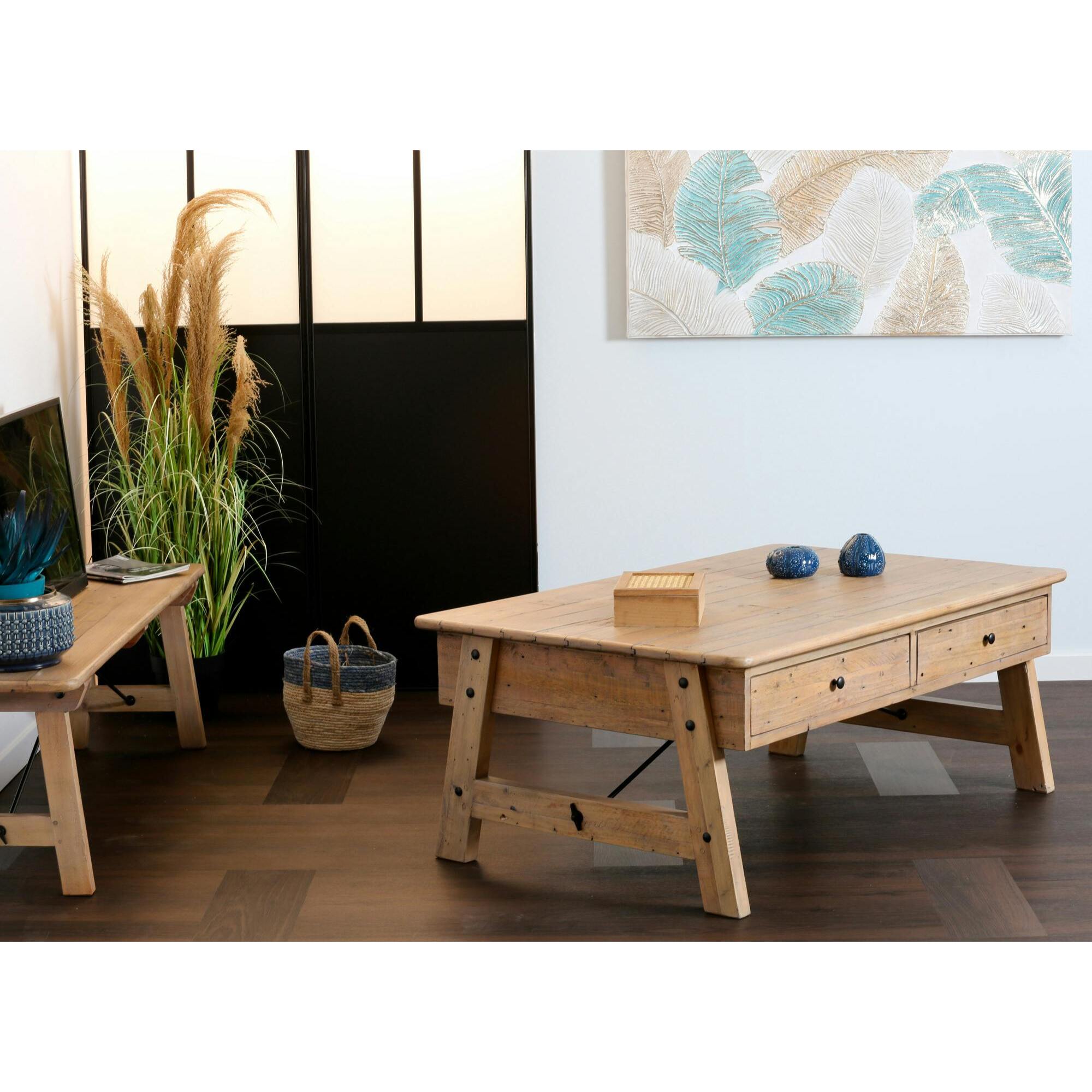 Table basse avec rangement bois recyclé clair tréteaux SALERNE