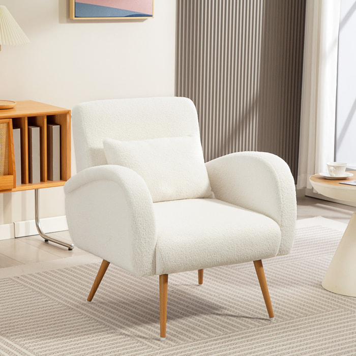 HOMCOM Sillón de Salón de Tela Teddy, Butaca de Salón con Cojín Lumbar Desmontable, Patas de Metal con Efecto Madera, Sillón de Relax para Dormitorio, Oficina, Estudio, Blanco Crema