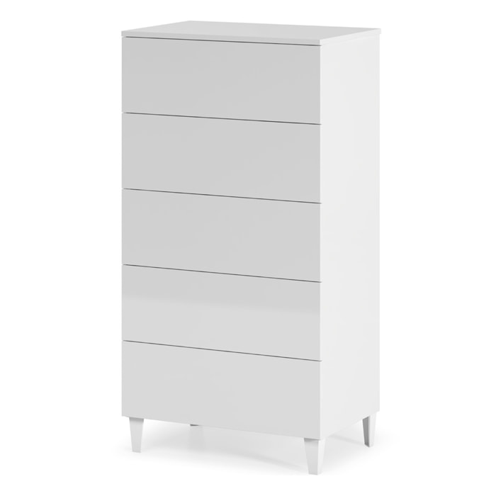 Comodino Con 5 Cassetti Cassettiera Settimino Mobile Da Camera Da Letto Moderno Mobiletto Con Piedini Montaggio Facile 60 x 40 x 117 Cm Bianco Lucido