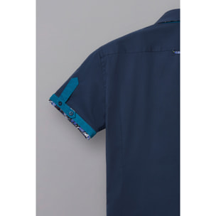 Camicia Uomo Manica Corta 2 Bottoni Button Down 7 Botto Popeline Stretch Unito Blu