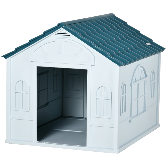 Niche chien style cottage - motifs fenêtres, porte, aération - PP blanc bleu