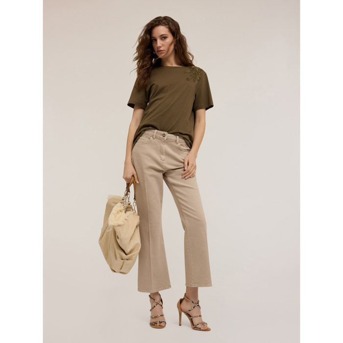Motivi - Pantalón kick flare en drill de algodón - Beige