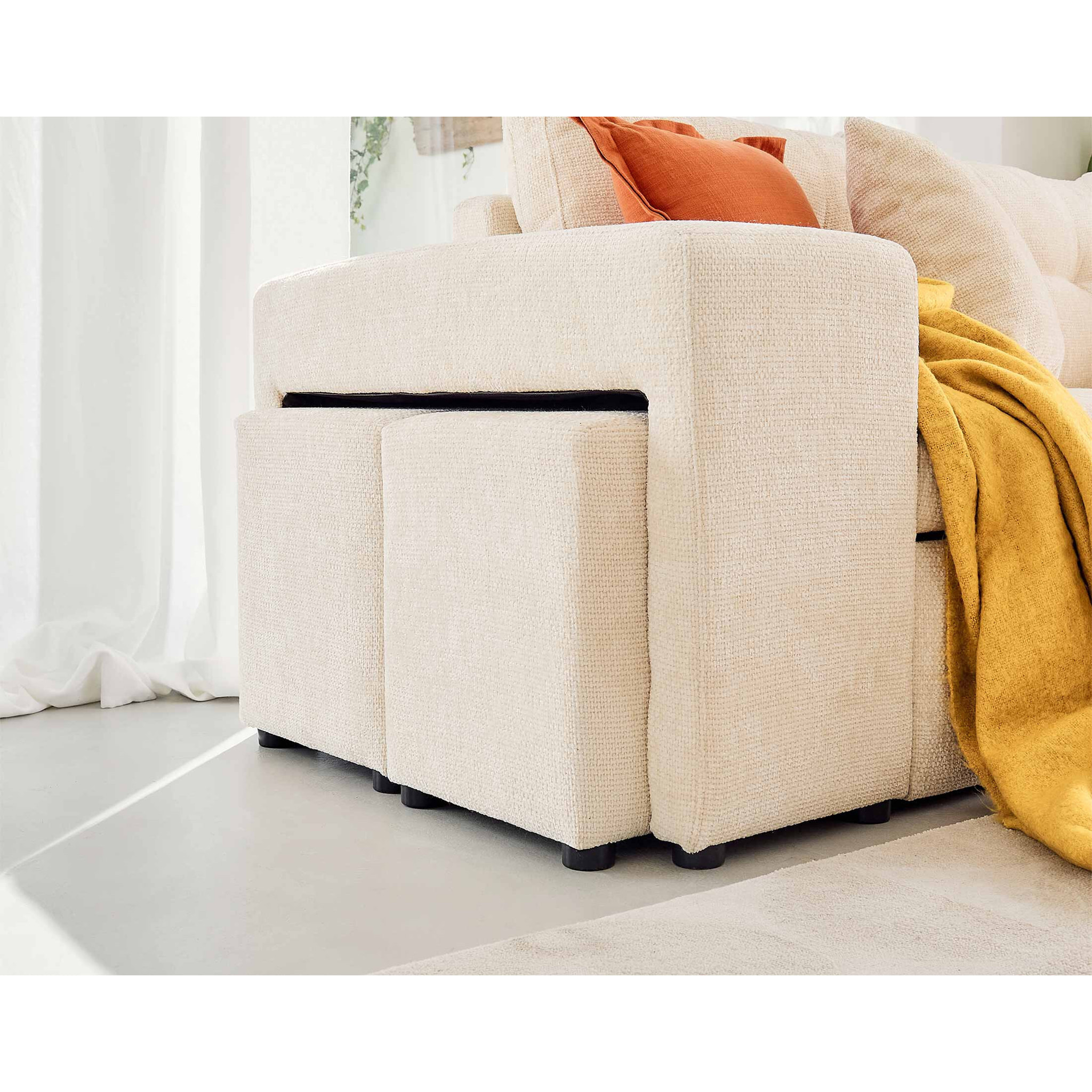 California - canapé d'angle réversible 4 places - convertible avec coffre, étagère et poufs - en velours texturé - Beige
