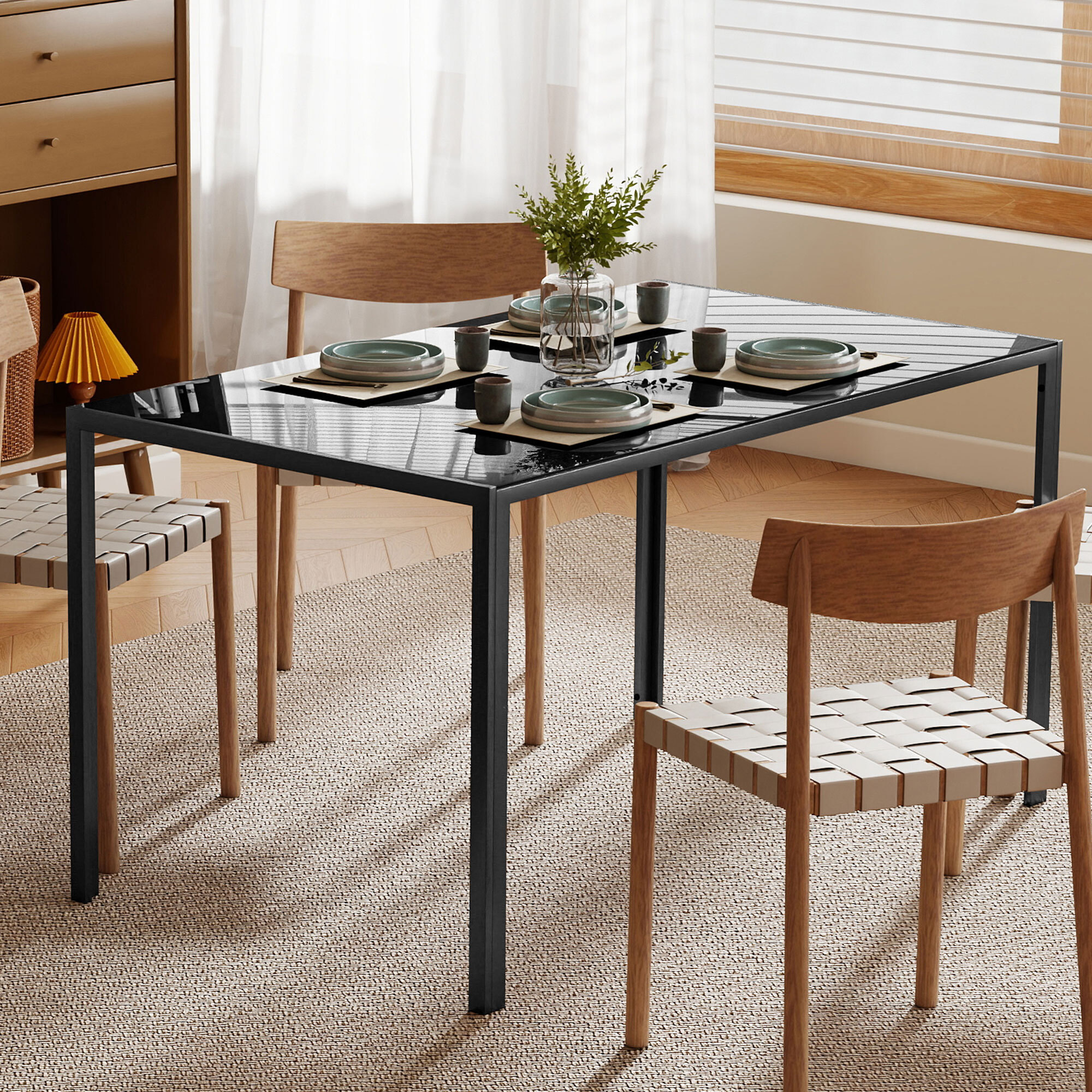 Mesa de Comedor de Cristal, Mesa Rectangular para 6 Personas con Patas de Metal, para Cocina, Salón, 140x80x75 cm, Negro