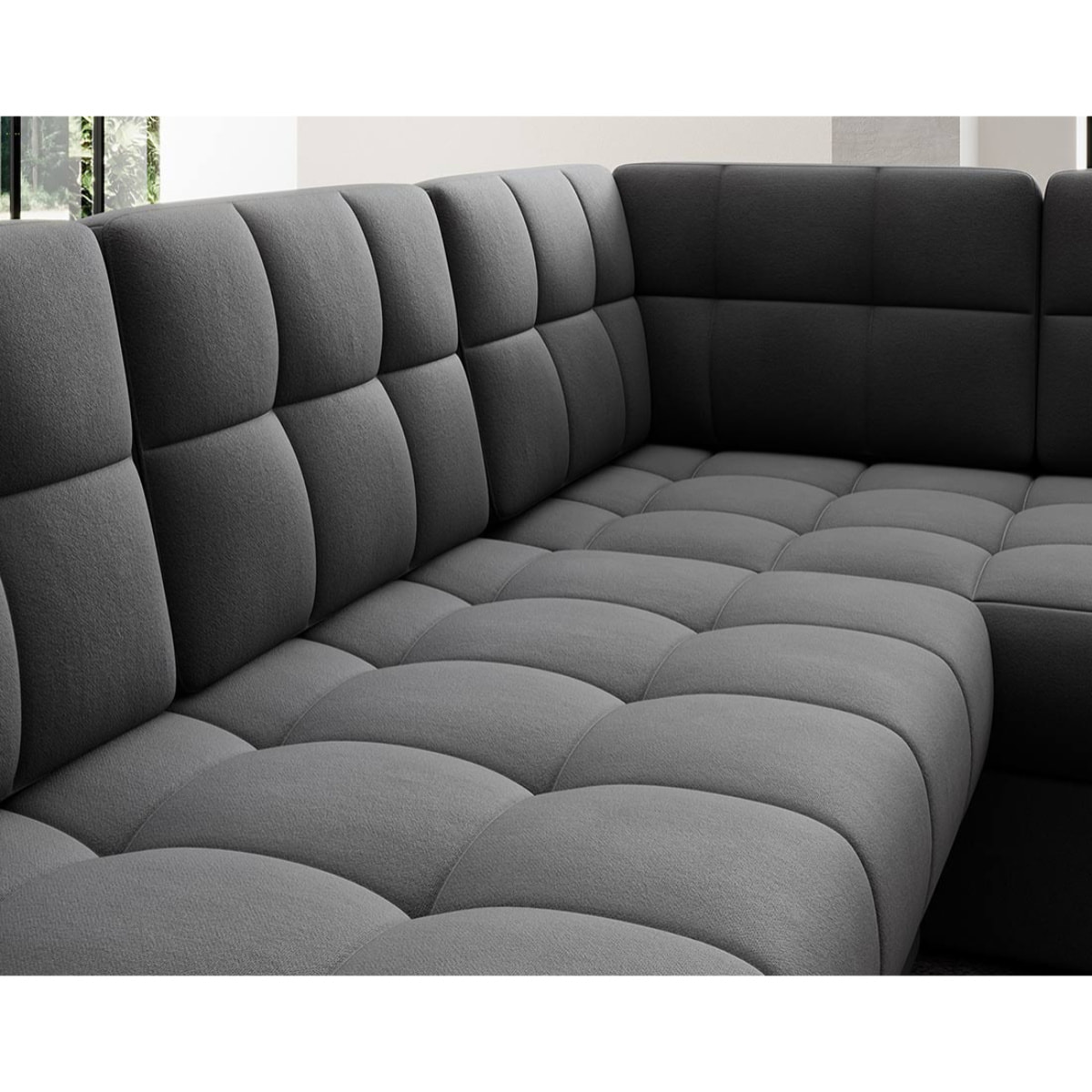 Nappa - Canapé panoramique d'angle droit 7 places convertible avec coffre en velours - Gris