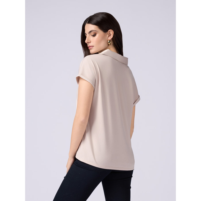Oltre - Camiseta bimatérica con escote en V - Beige