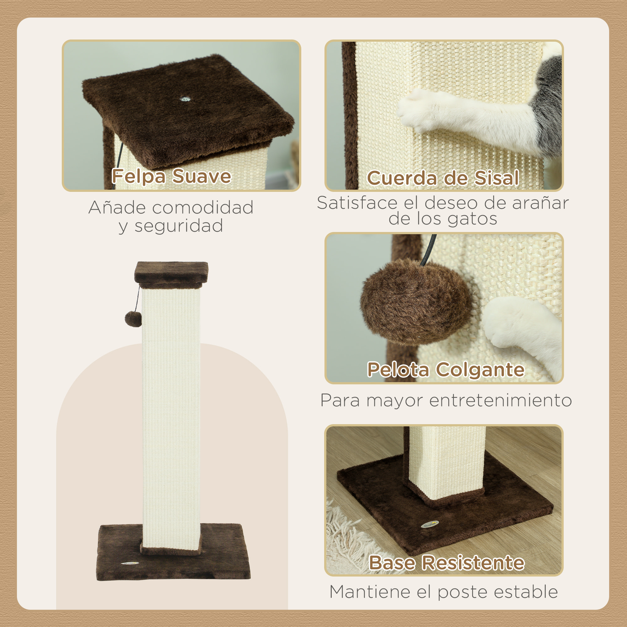 Poste Rascador para Gatos Altura 81 cm Rascador para Gatos Arañador para Gatos con Poste de Sisal y Bola Colgante 41x41x81 cm Marrón