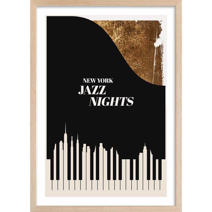 Poster new york jazz night Affiche + cadre en bois - Chêne