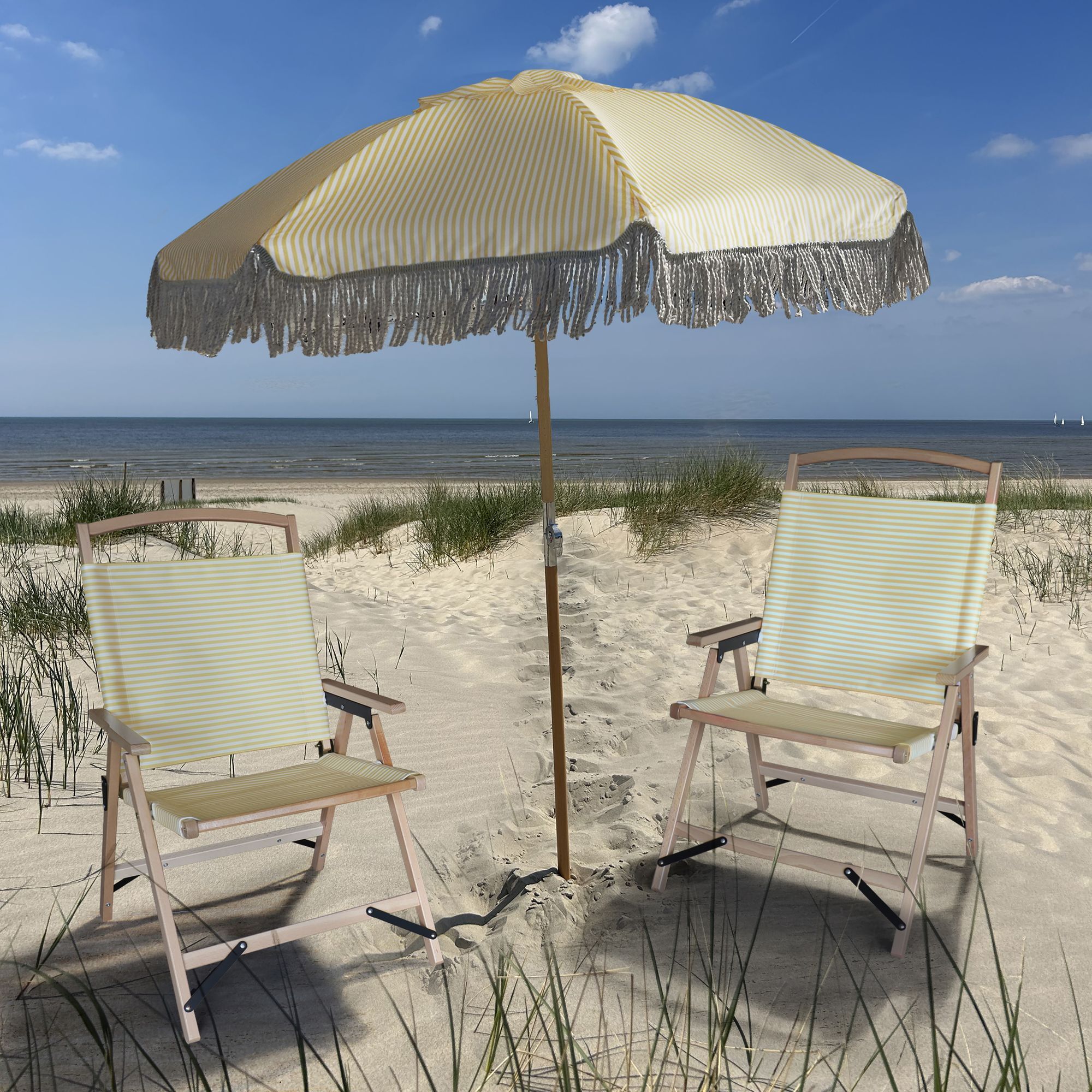 Parasol à rayures jaune avec franges  PLAYA