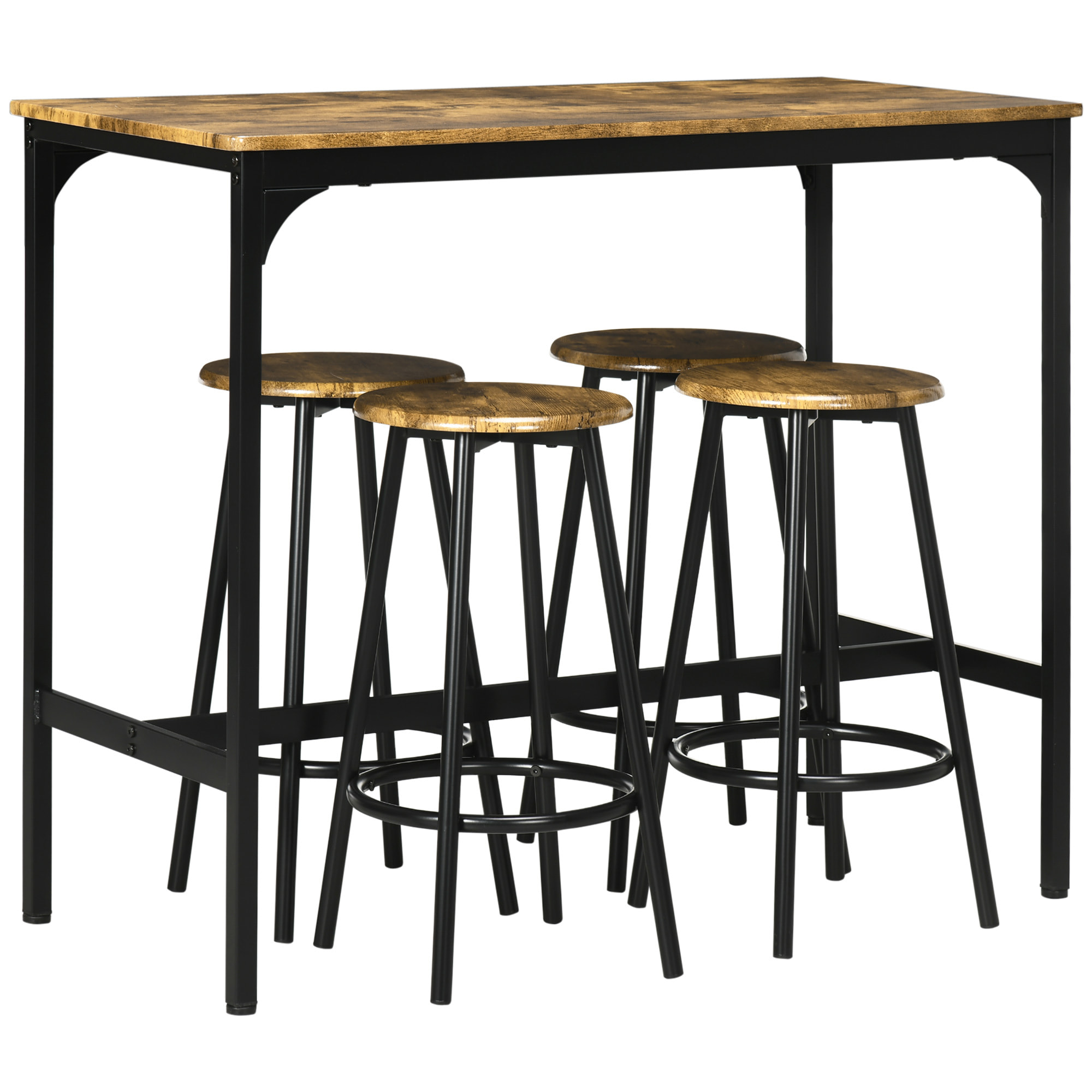 Juego de Muebles Altos Mesa y Sillas de Bar de 5 Piezas Mesa de Comedor Industrial y 4 Taburetes Redondos con Marco de Metal para Pub Comedor Marrón Rústico