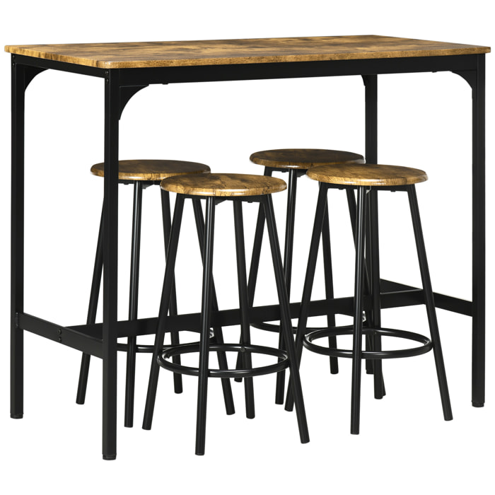 Juego de Muebles Altos Mesa y Sillas de Bar de 5 Piezas Mesa de Comedor Industrial y 4 Taburetes Redondos con Marco de Metal para Pub Comedor Marrón Rústico