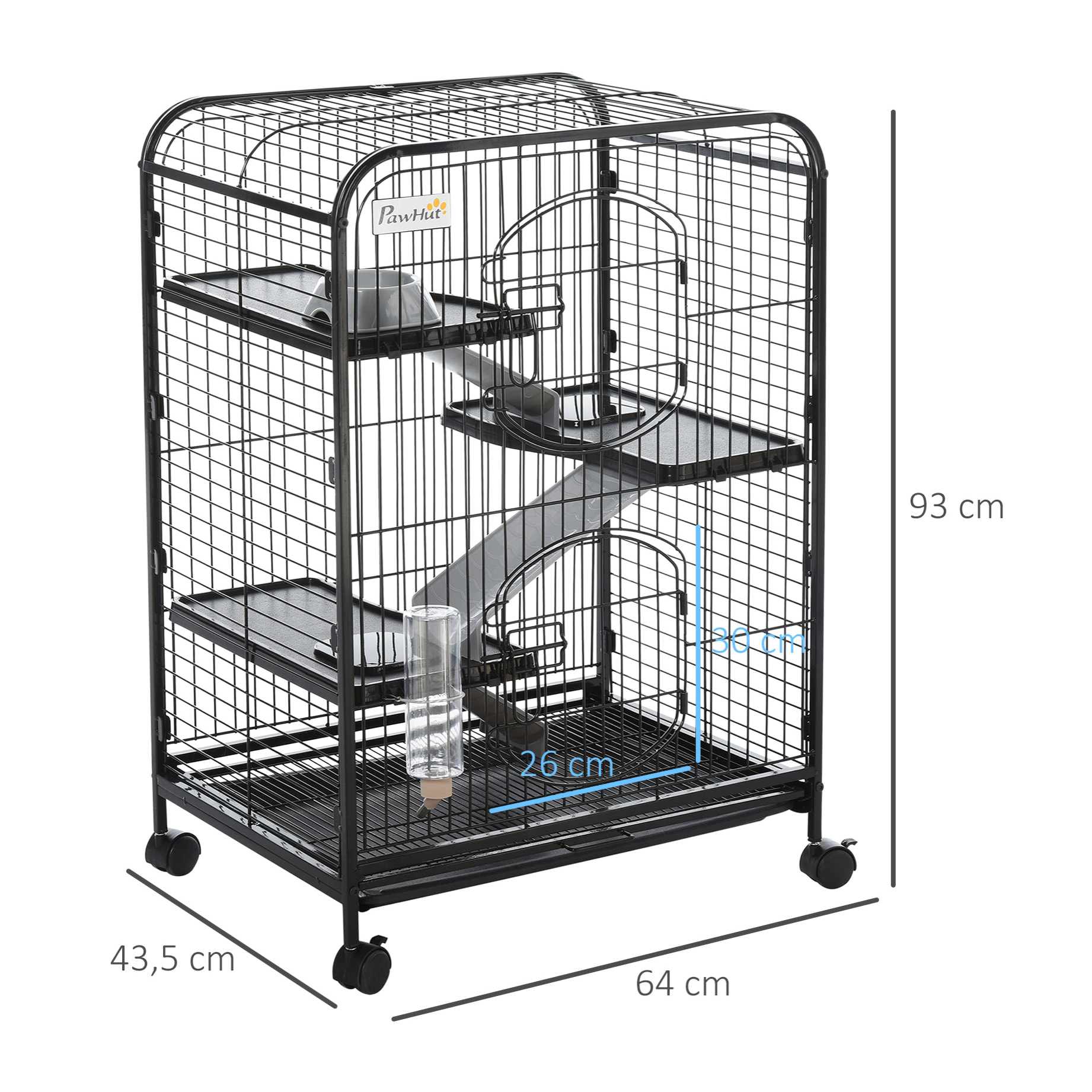 PawHut Cage pour Petits Animaux Roulante 3 Rampes 3 Plates-formes Plat et Bouteille d'Eau Bac Inférieur Amovible Acier PP Noire