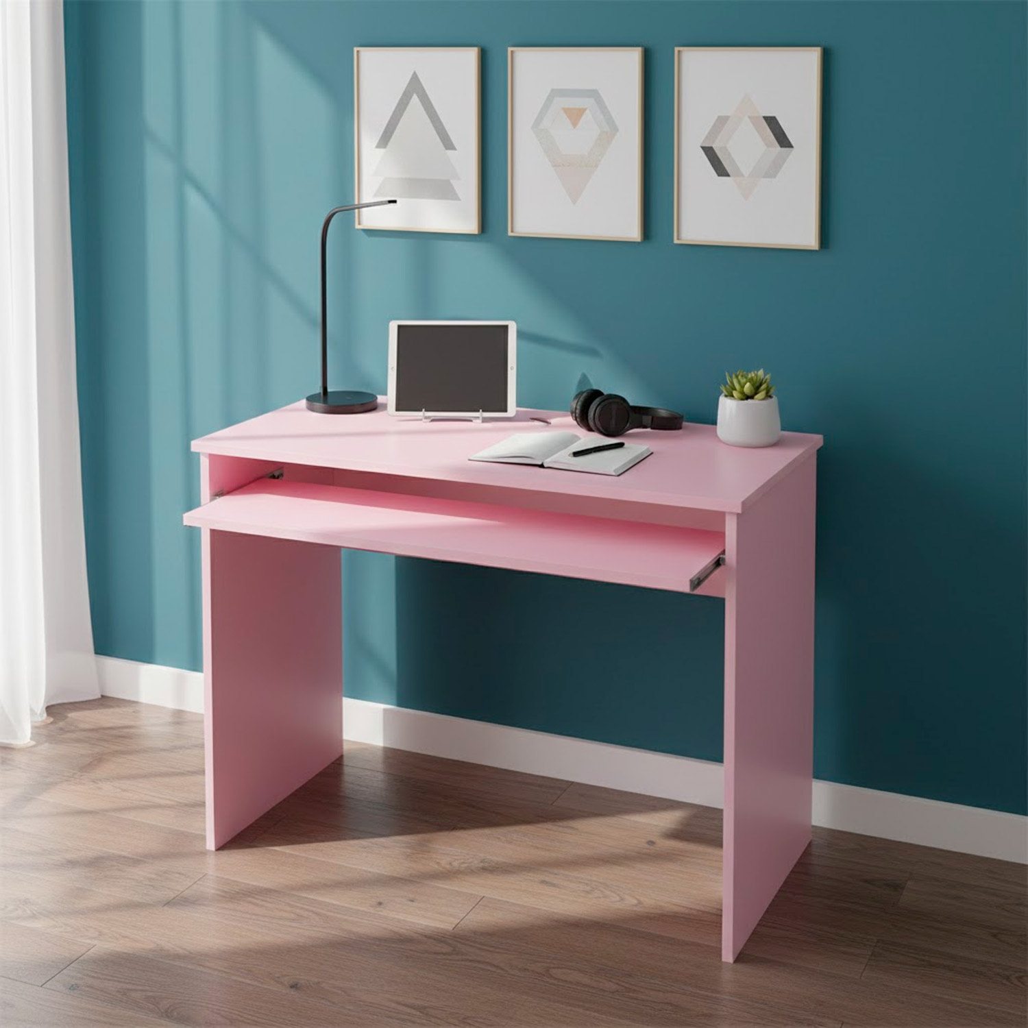 Scrivania Per Cameretta Postazione Desk PC Studio Ufficio Design Moderno Piano Scorrevole Piedini ABS Per Studio Compiti E Lavoro 90 x 54 x 79 Cm Rosa
