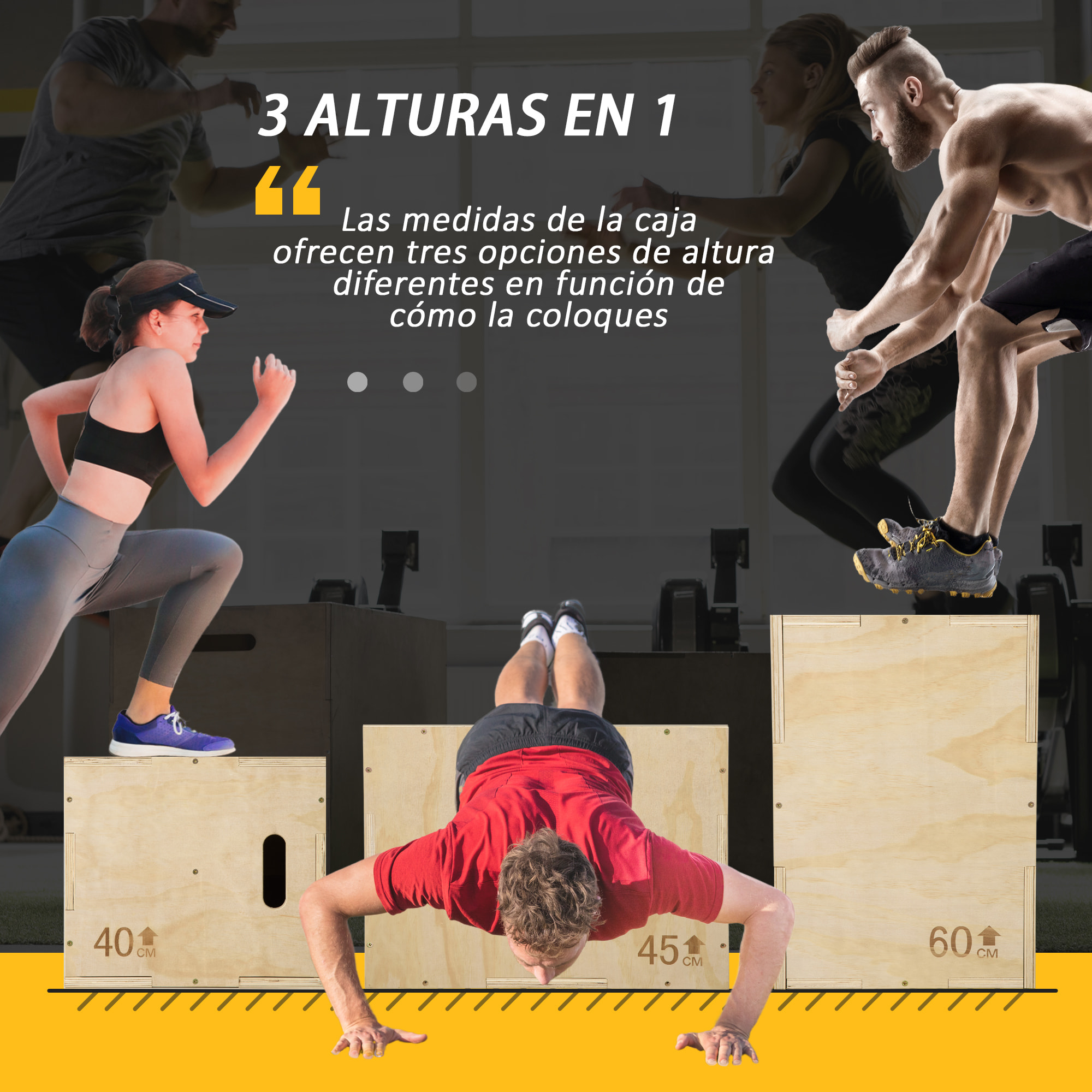 Caja Pliométrica de Madera 3 en 1 Caja de Salto con 2 Mango Hueco Entrenamiento de Fuerza en Casa Oficina Gimnasia CrossFit Carga 120 kg 45x40x60 cm Madera Natural