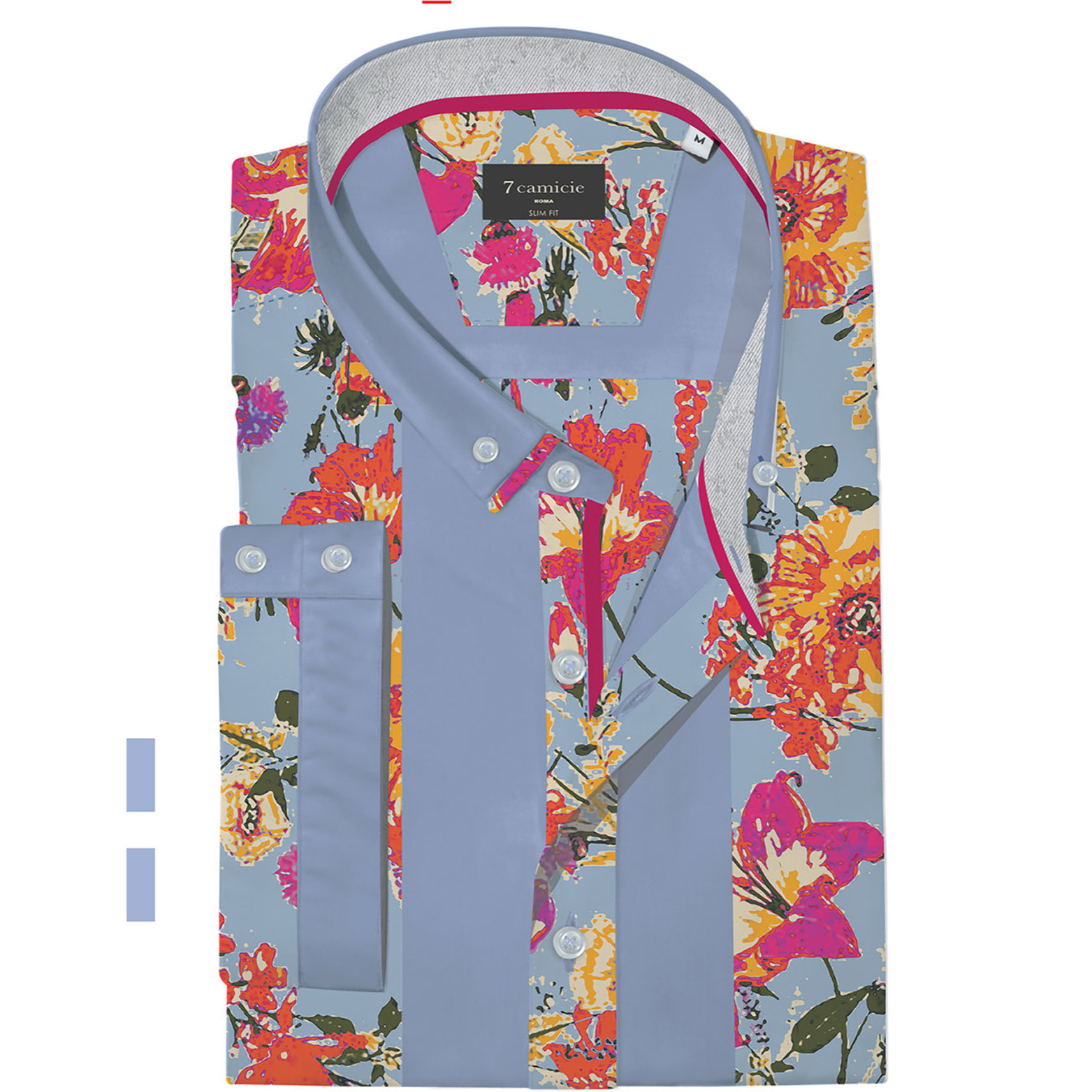Camicia Uomo Botton Down Slim Popeline Stretch Riga Larga Celeste Rosso Corallo