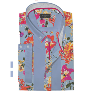 Camicia Uomo Botton Down Slim Popeline Stretch Riga Larga Celeste Rosso Corallo