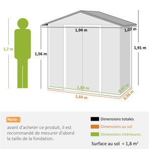 Abri de jardin 1,8 m² - cabanon 2 portes coulissantes verrouillables - tôle d'acier ondulé gris